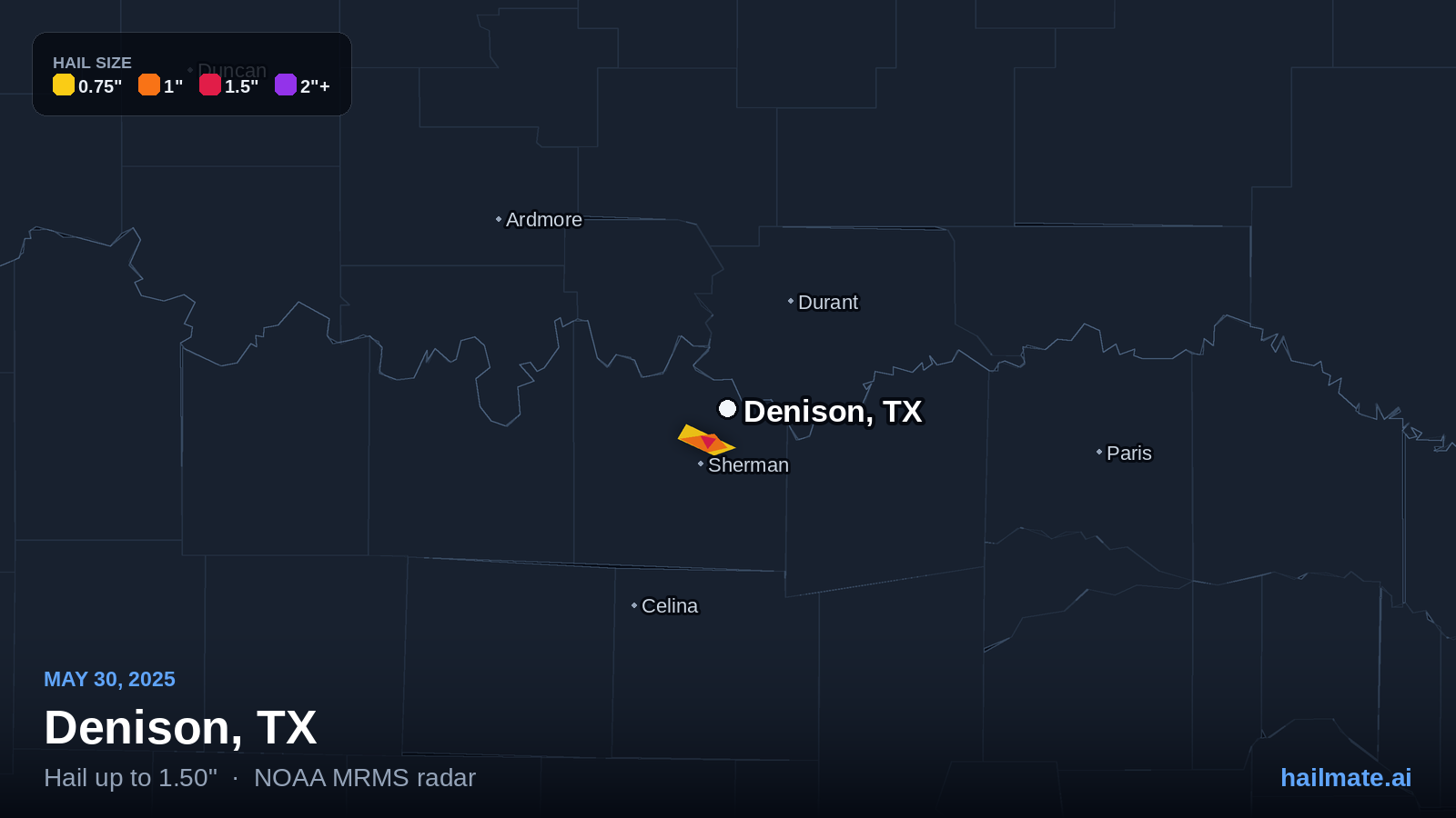 Hail swath map for Denison, TX on May 30, 2025 showing 1.50 inch hail.