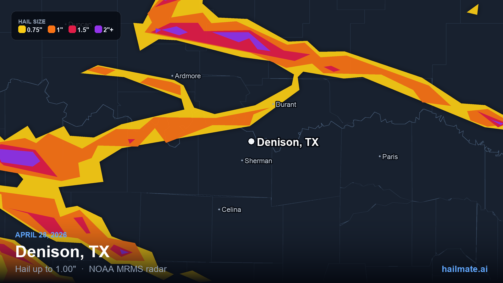 Hail swath map for Denison, TX on April 28, 2026 showing 1.00 inch hail.