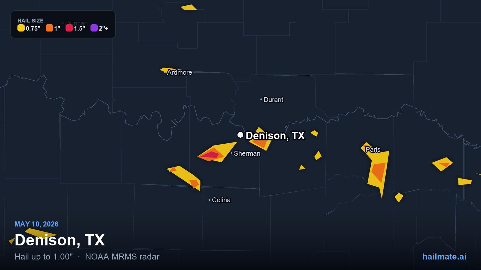 Hail swath map for Denison, TX on May 10, 2026 showing 1.00 inch hail.