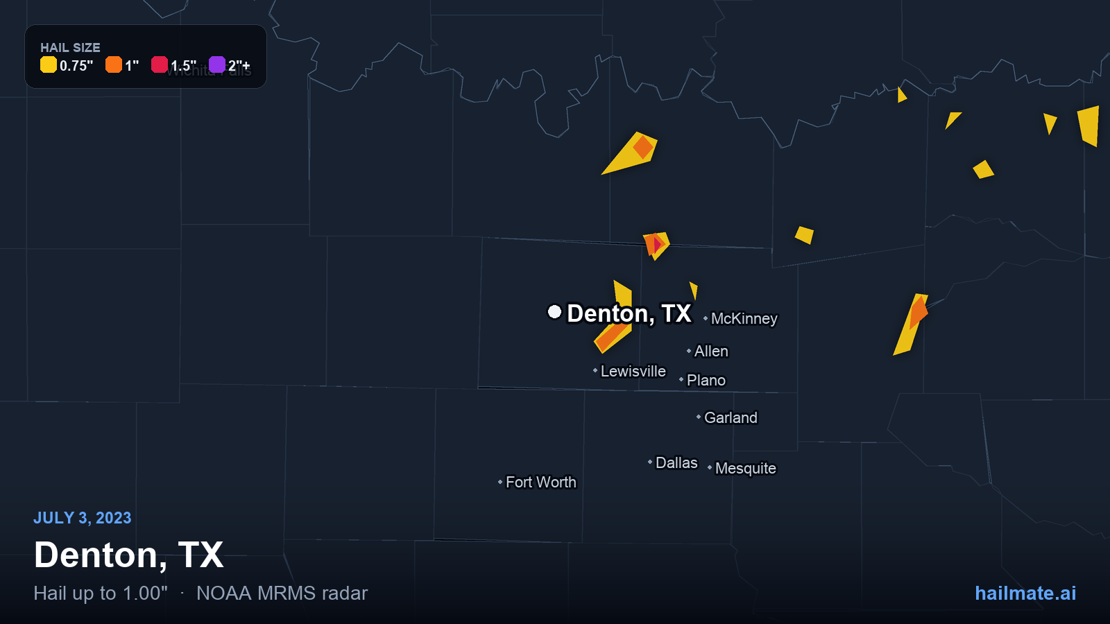 Hail swath map for Denton, TX on July 3, 2023 showing 1.00 inch hail.
