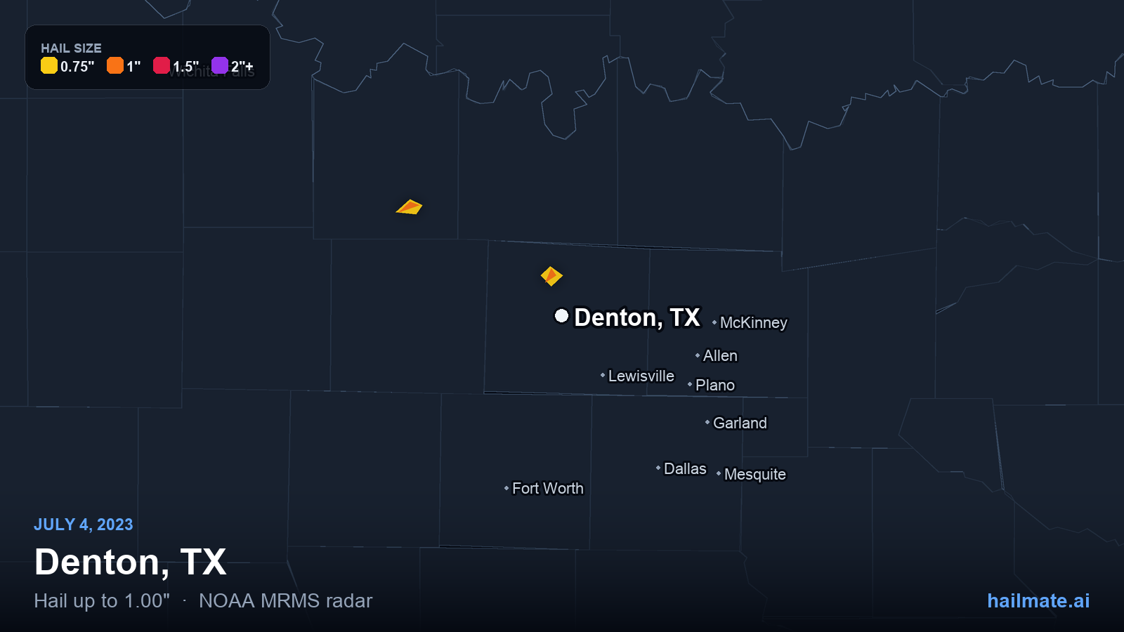 Hail swath map for Denton, TX on July 4, 2023 showing 1.00 inch hail.