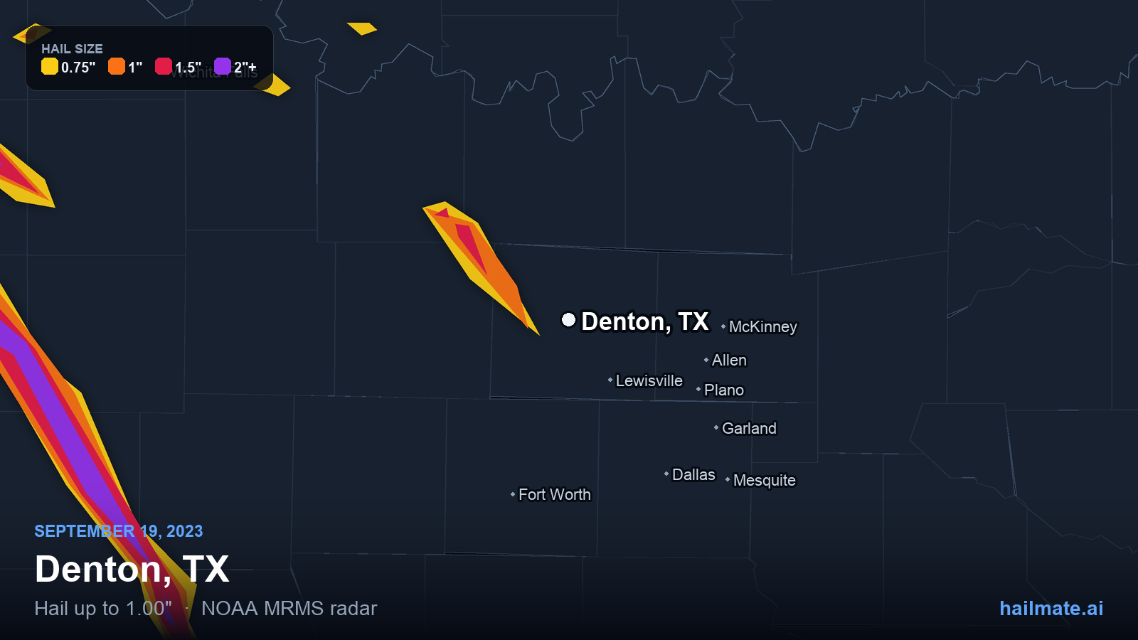Hail swath map for Denton, TX on September 19, 2023 showing 1.00 inch hail.