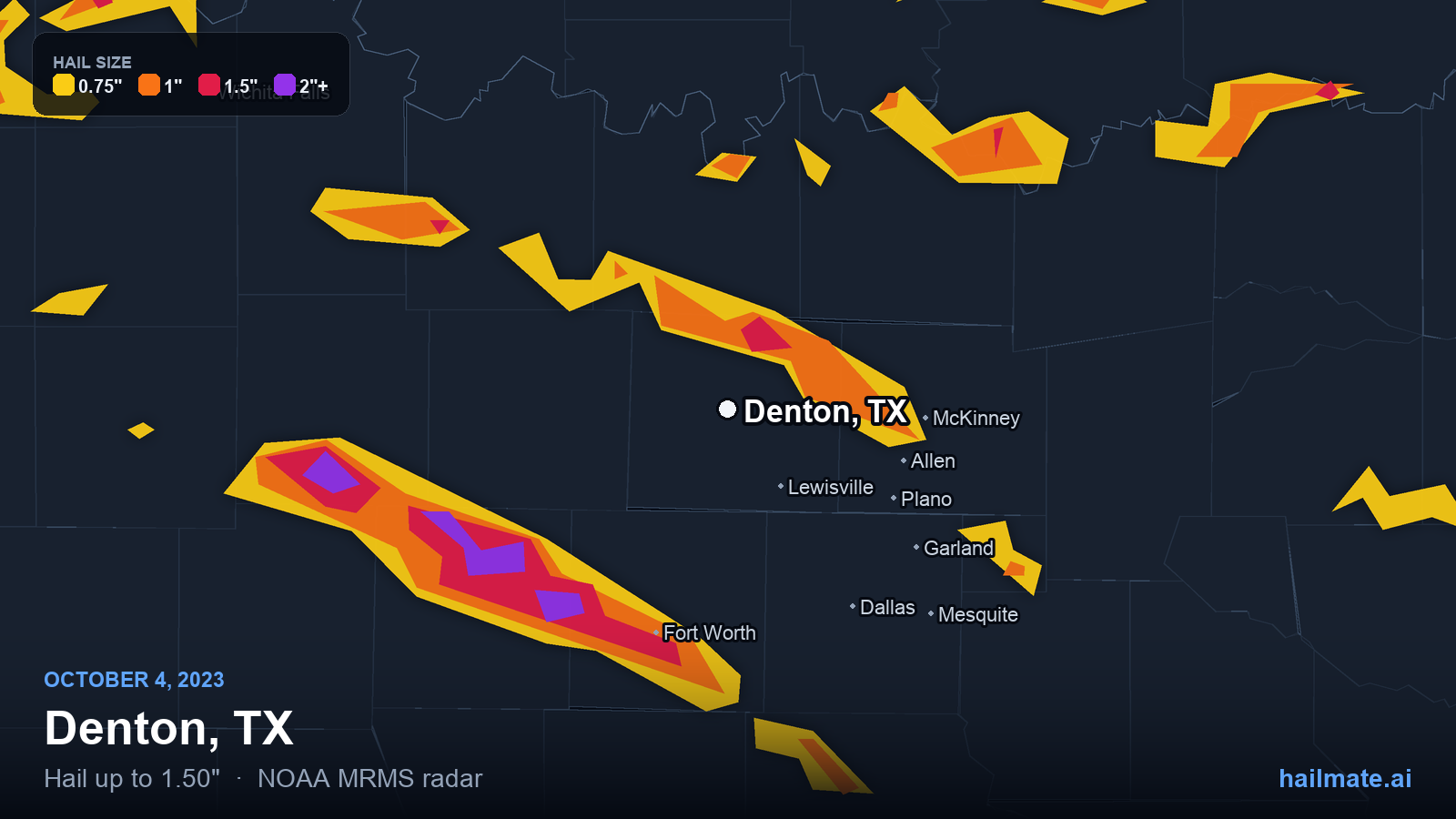 Hail swath map for Denton, TX on October 4, 2023 showing 1.50 inch hail.