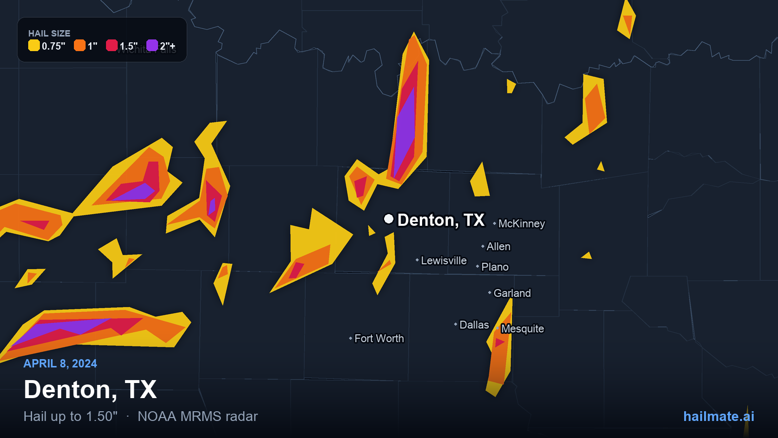 Hail swath map for Denton, TX on April 8, 2024 showing 1.50 inch hail.
