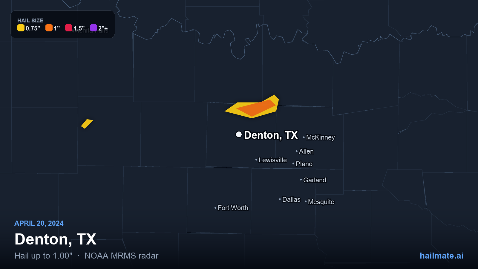 Hail swath map for Denton, TX on April 20, 2024 showing 1.00 inch hail.