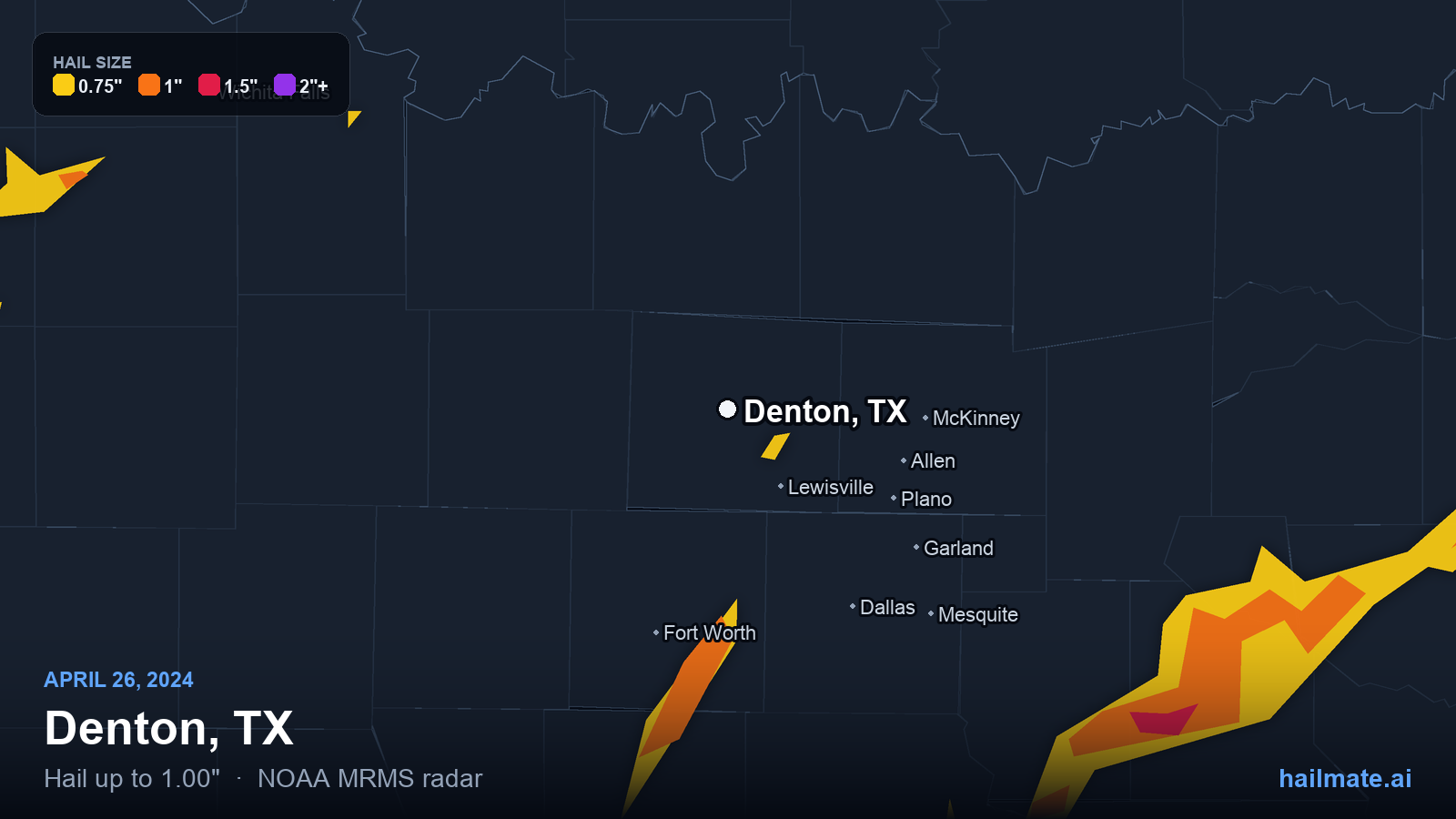 Hail swath map for Denton, TX on April 26, 2024 showing 1.00 inch hail.