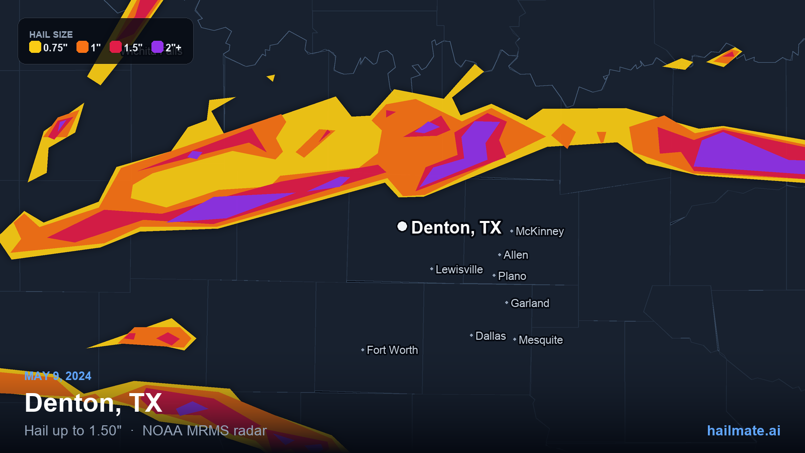 Hail swath map for Denton, TX on May 9, 2024 showing 1.50 inch hail.