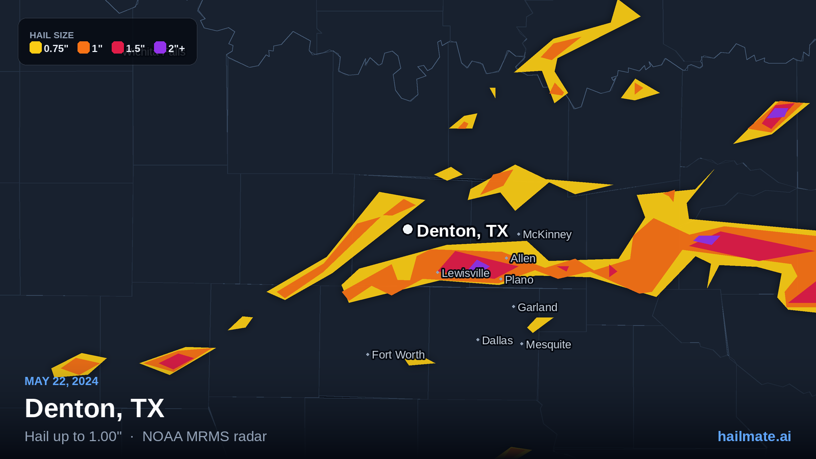 Hail swath map for Denton, TX on May 22, 2024 showing 1.00 inch hail.