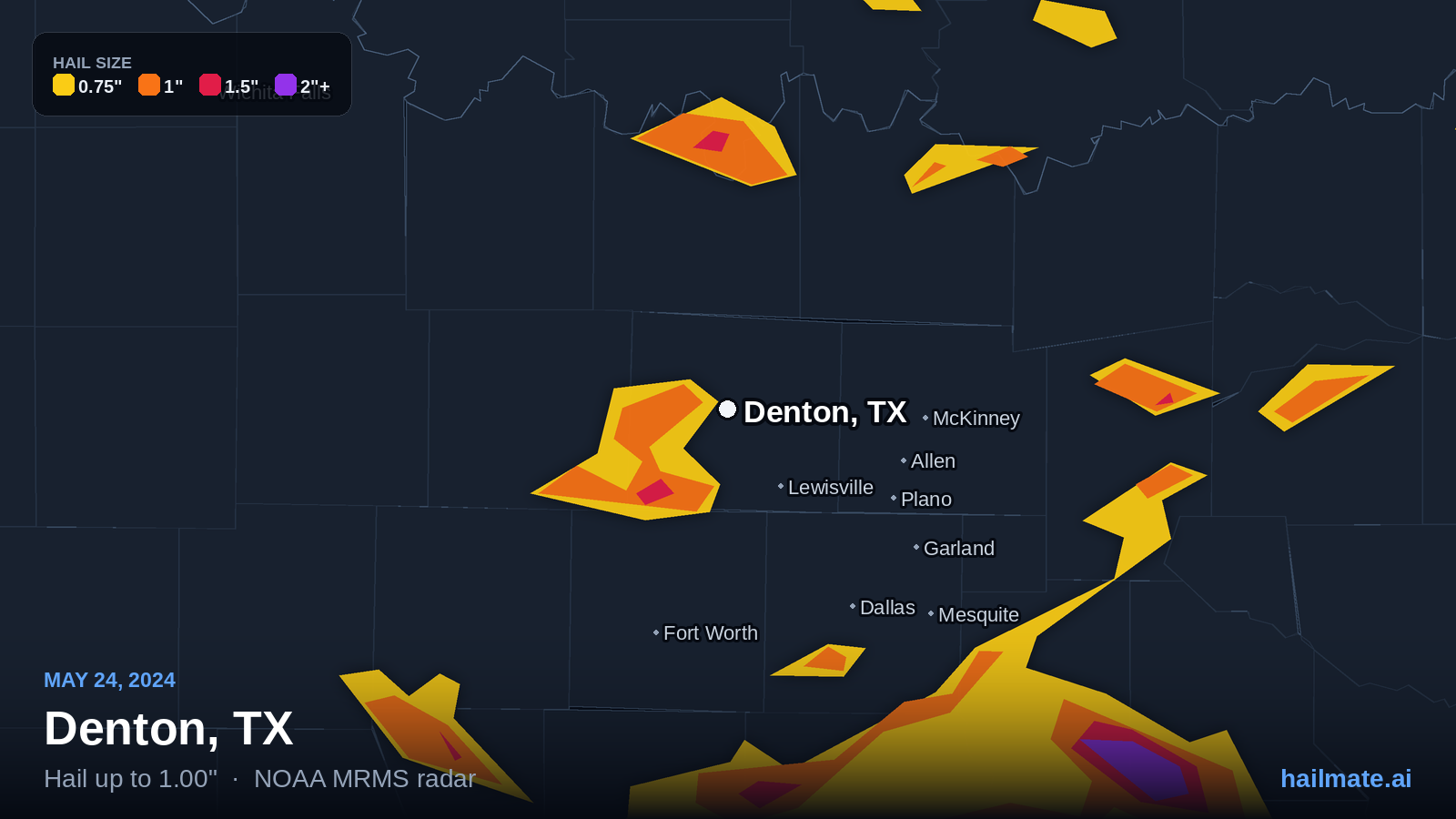 Hail swath map for Denton, TX on May 24, 2024 showing 1.00 inch hail.