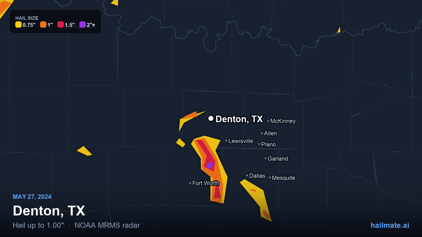 Hail swath map for Denton, TX on May 27, 2024 showing 1.00 inch hail.