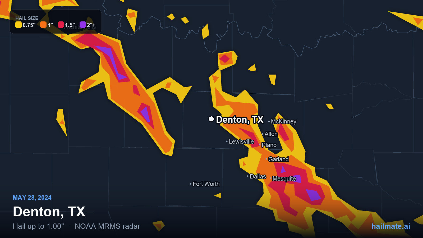 Hail swath map for Denton, TX on May 28, 2024 showing 1.00 inch hail.
