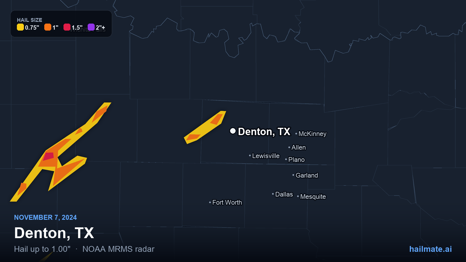 Hail swath map for Denton, TX on November 7, 2024 showing 1.00 inch hail.
