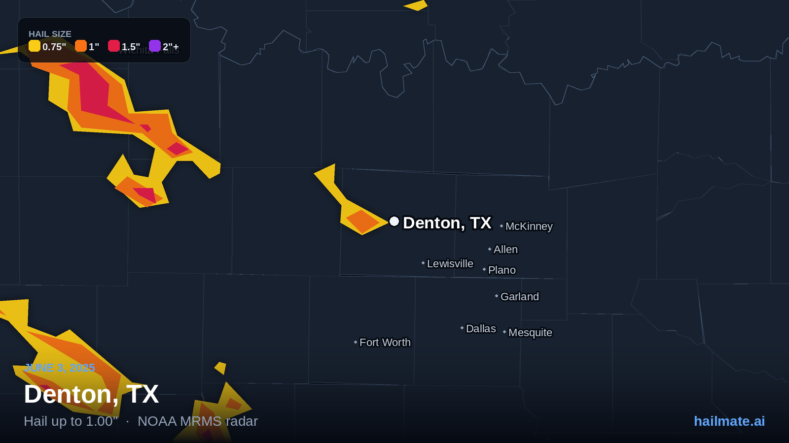 Hail swath map for Denton, TX on June 3, 2025 showing 1.00 inch hail.