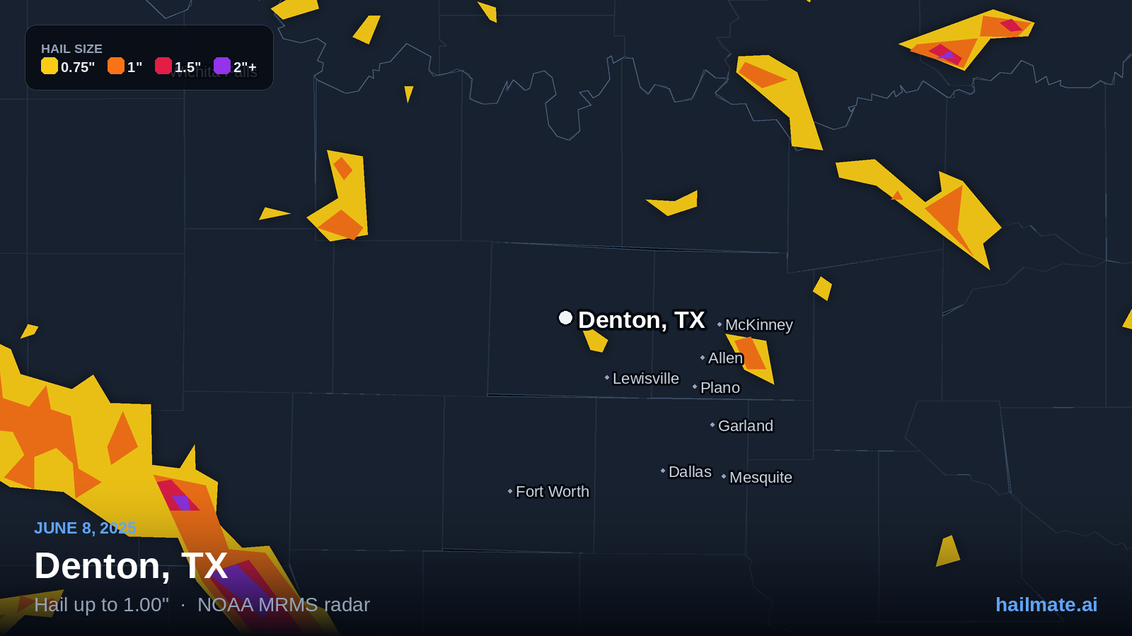 Hail swath map for Denton, TX on June 8, 2025 showing 1.00 inch hail.