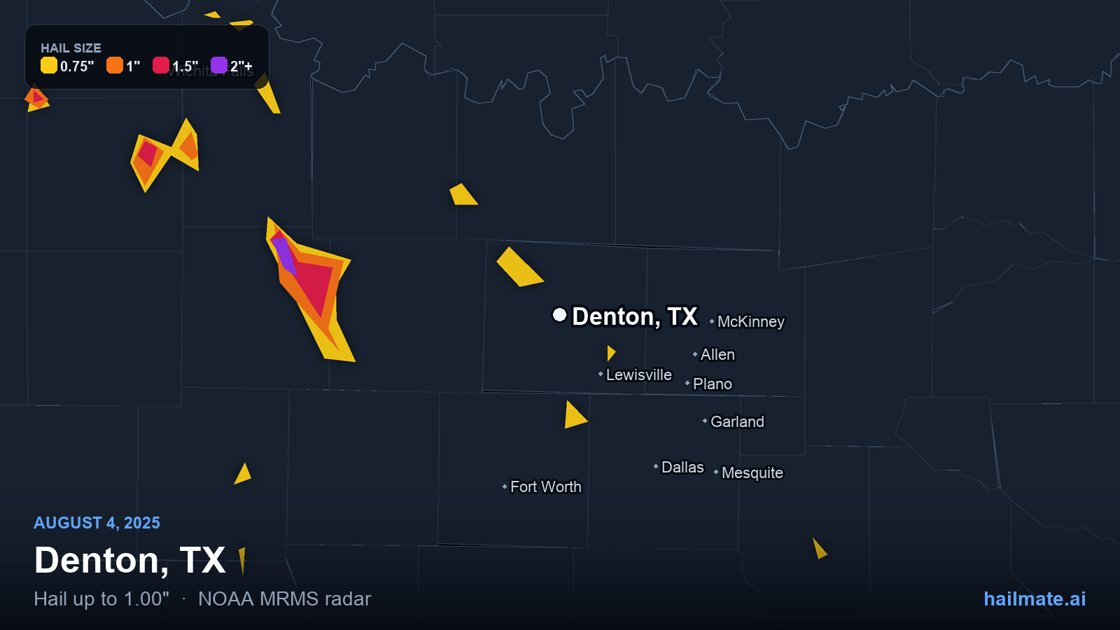 Hail swath map for Denton, TX on August 4, 2025 showing 1.00 inch hail.