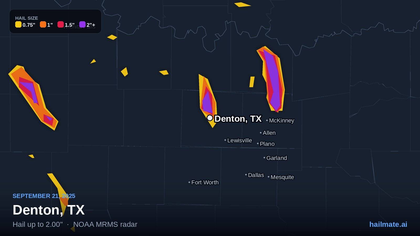 Hail swath map for Denton, TX on September 21, 2025 showing 2.00 inch hail.