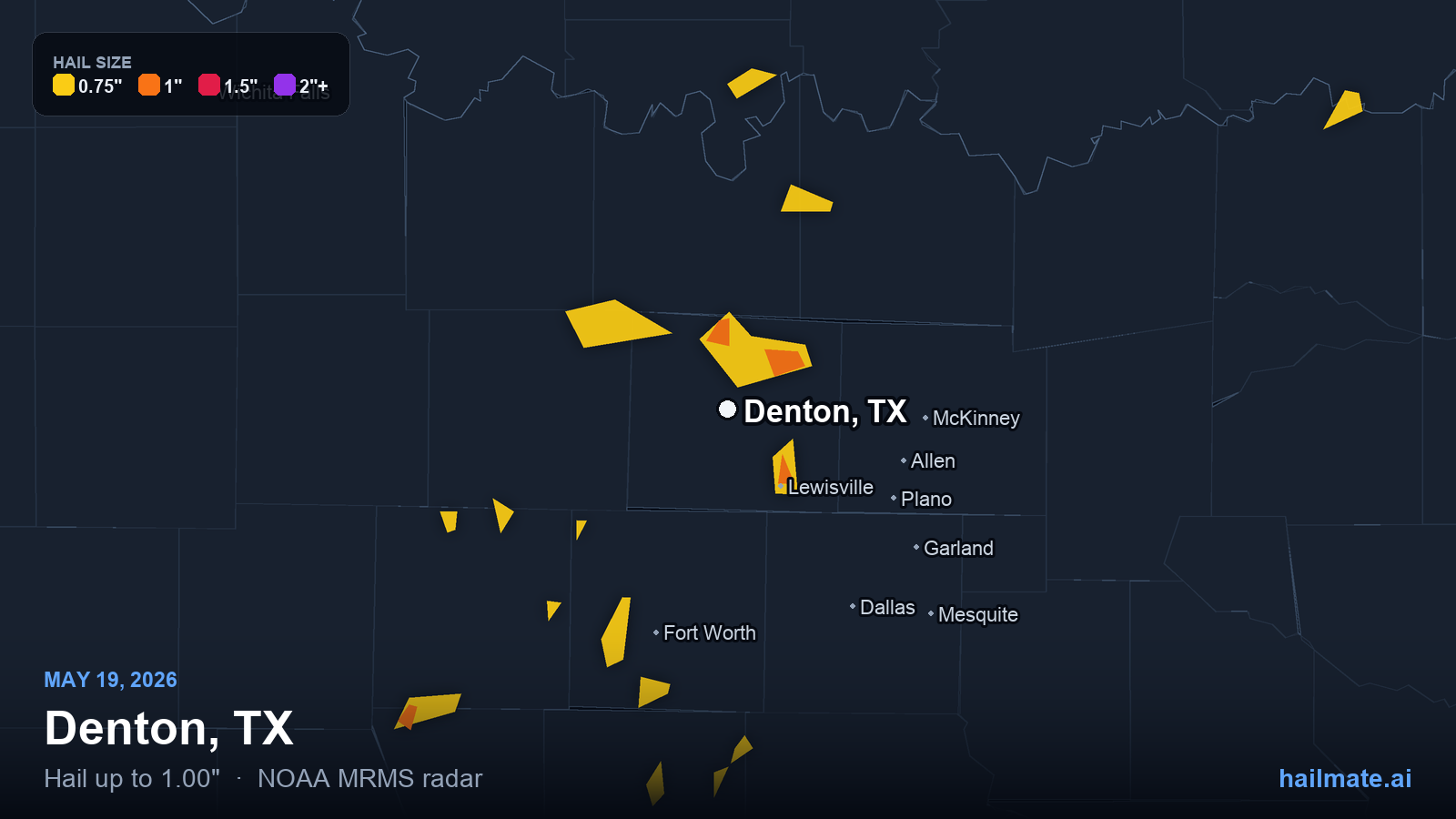 Hail swath map for Denton, TX on May 19, 2026 showing 1.00 inch hail.