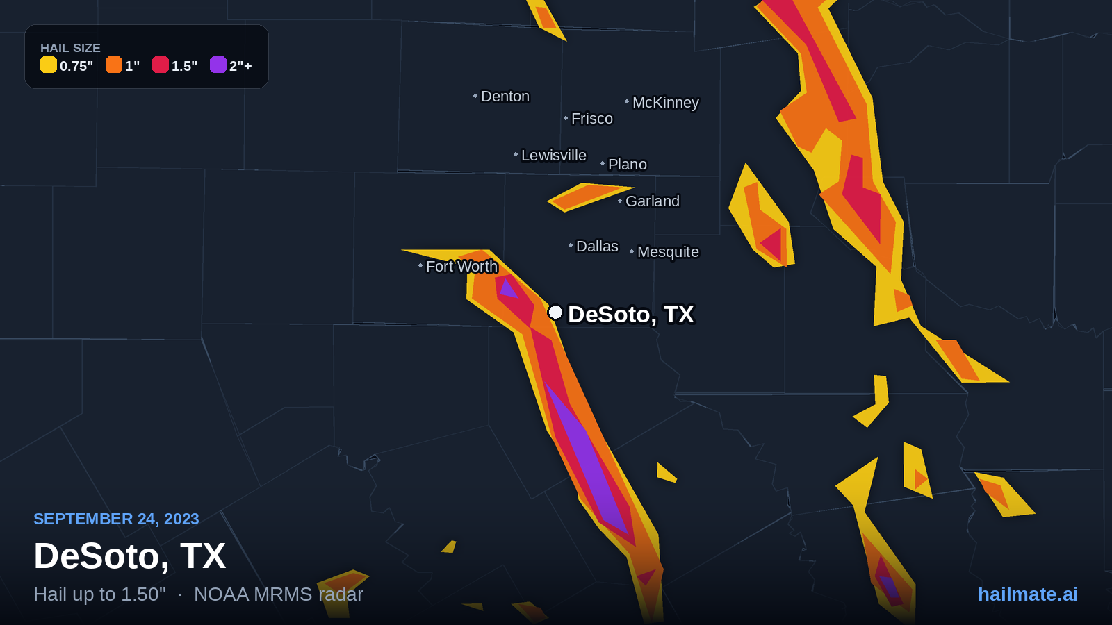 Hail swath map for DeSoto, TX on September 24, 2023 showing 1.50 inch hail.
