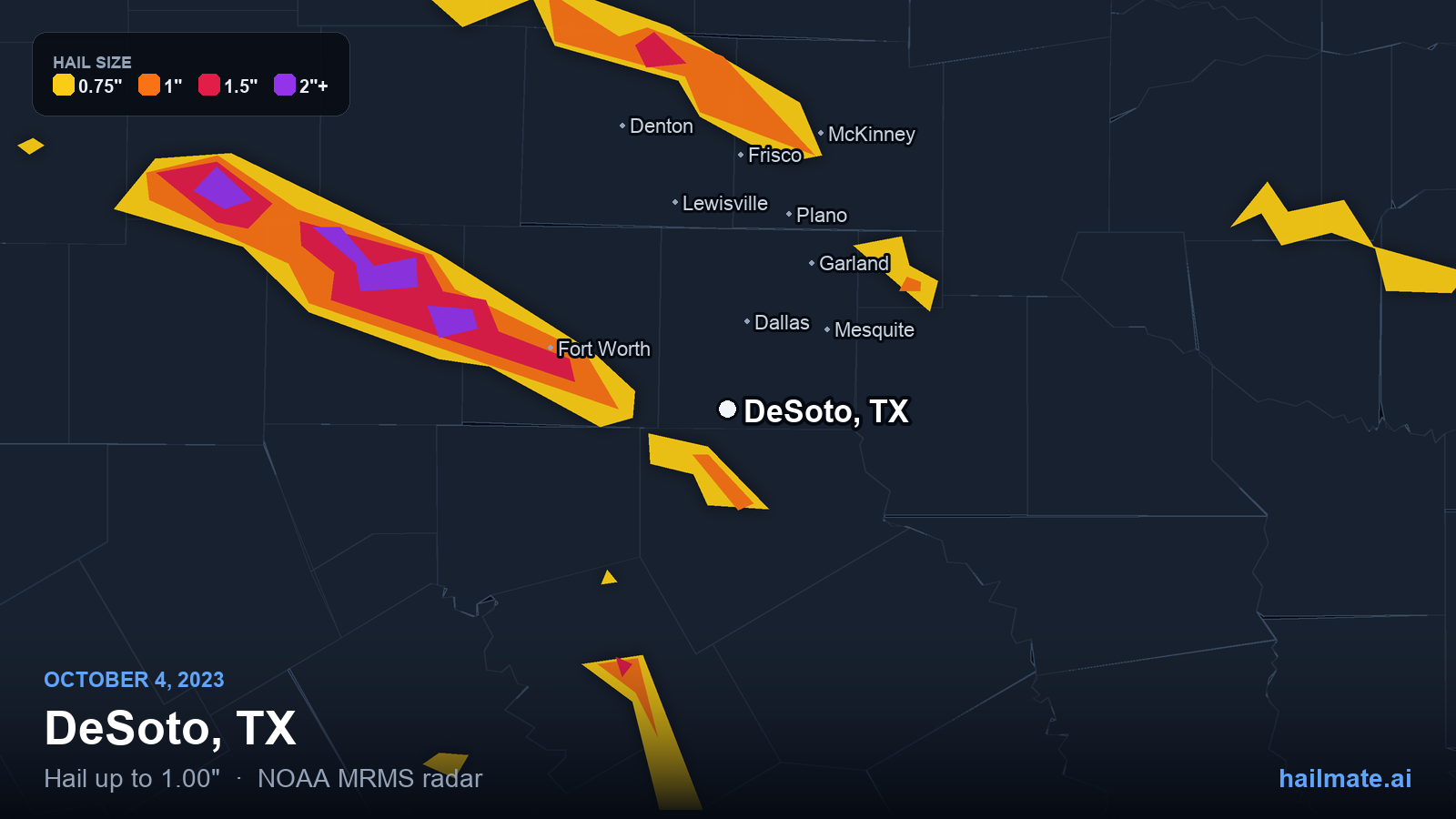 Hail swath map for DeSoto, TX on October 4, 2023 showing 1.00 inch hail.