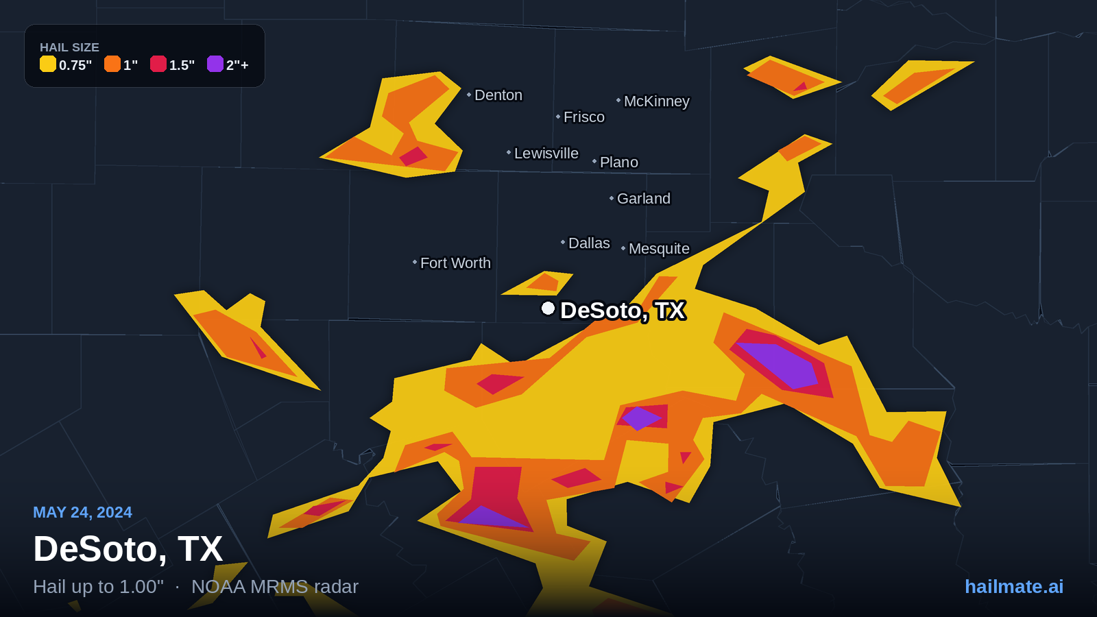 Hail swath map for DeSoto, TX on May 24, 2024 showing 1.00 inch hail.