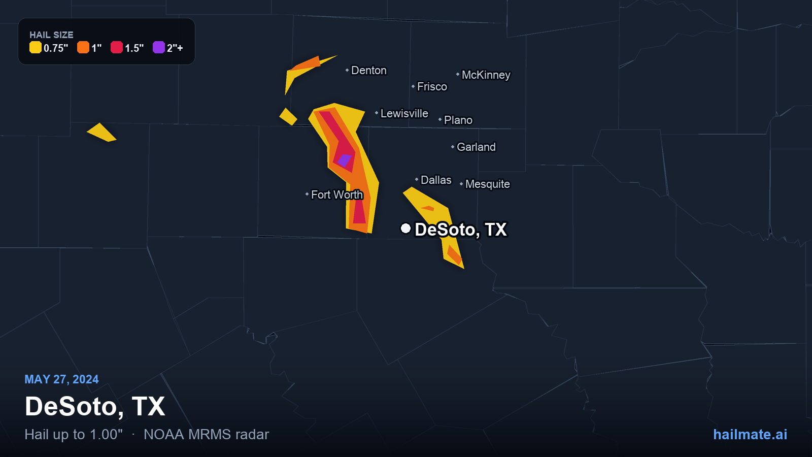 Hail swath map for DeSoto, TX on May 27, 2024 showing 1.00 inch hail.