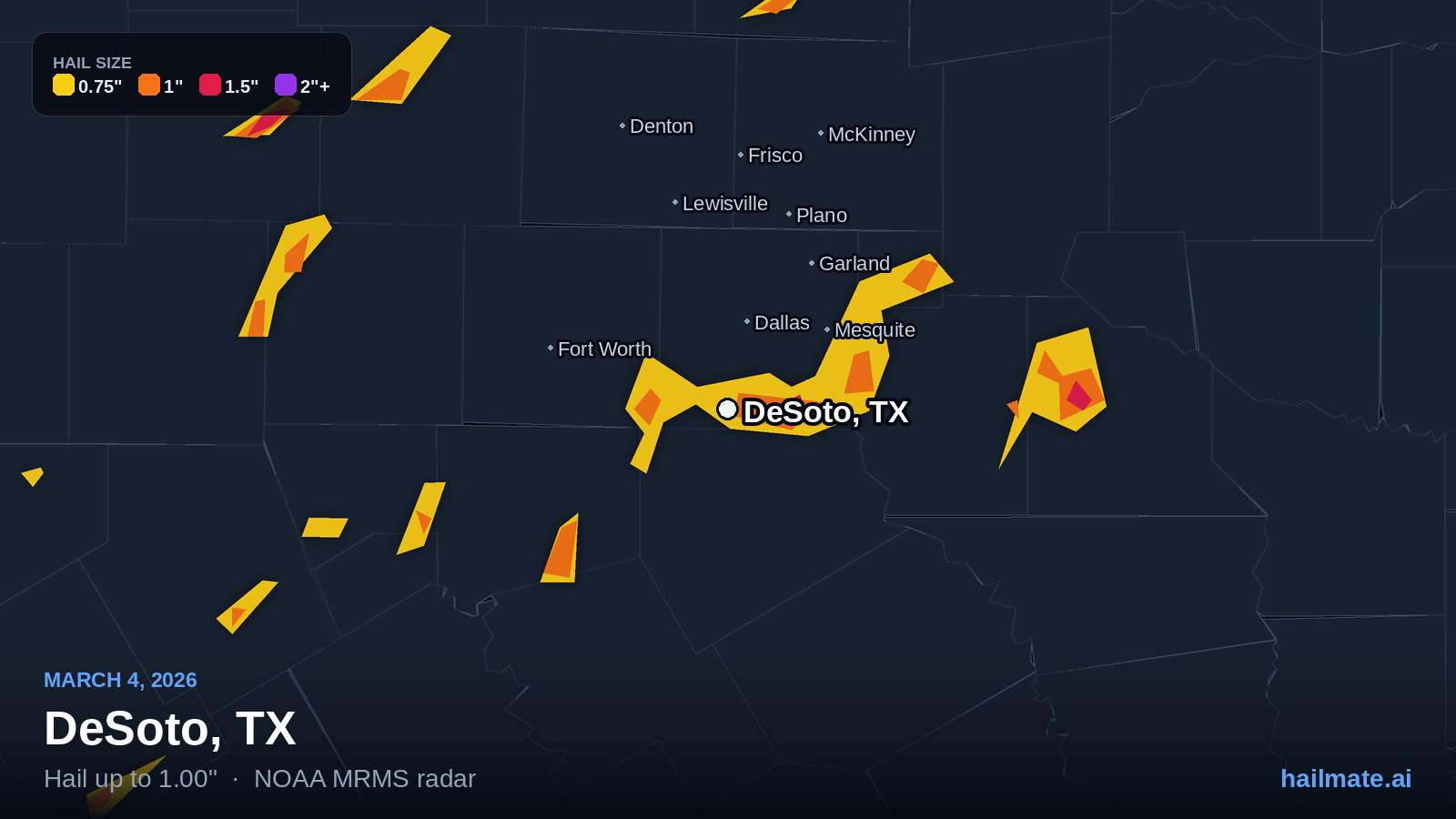 Hail swath map for DeSoto, TX on March 4, 2026 showing 1.00 inch hail.