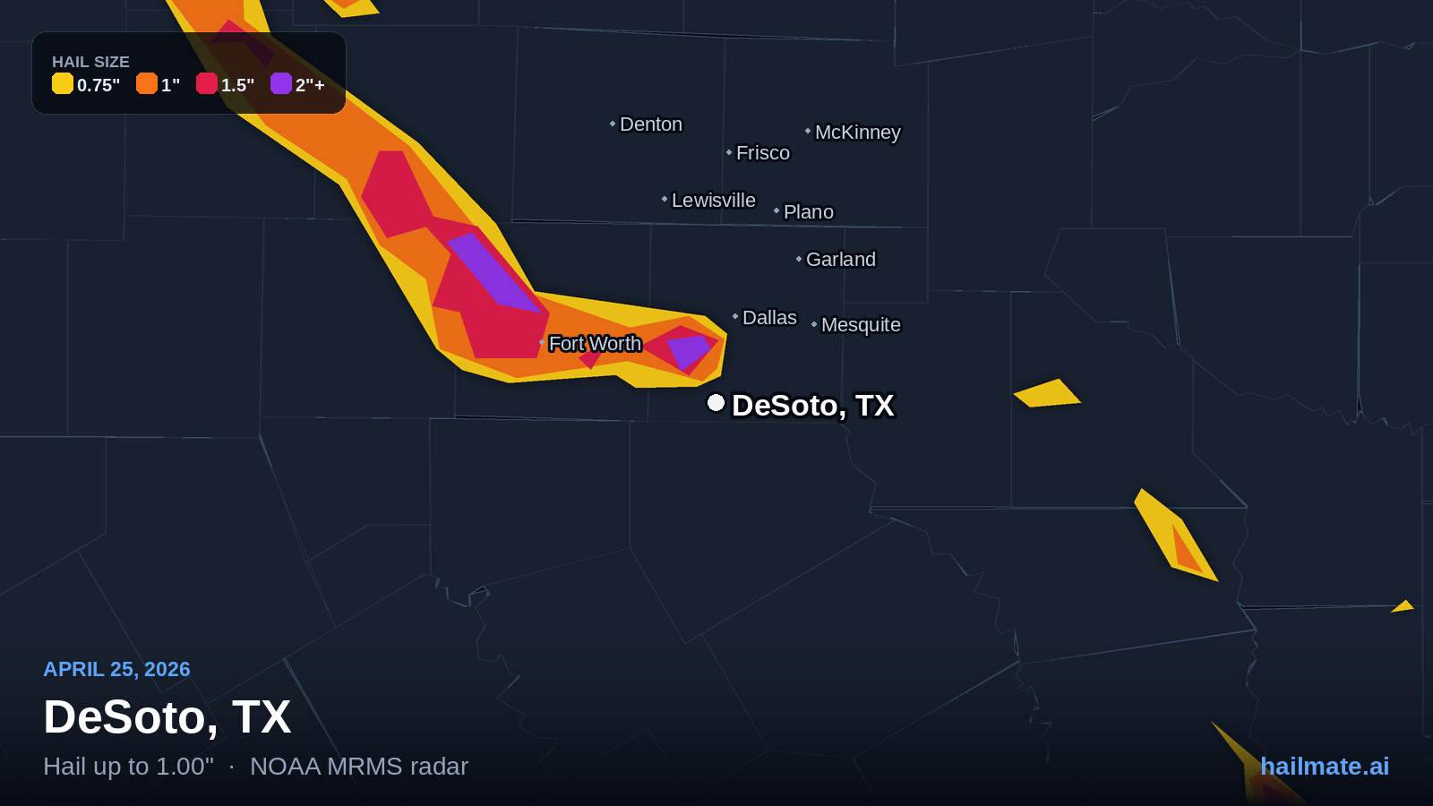 Hail swath map for DeSoto, TX on April 25, 2026 showing 1.00 inch hail.