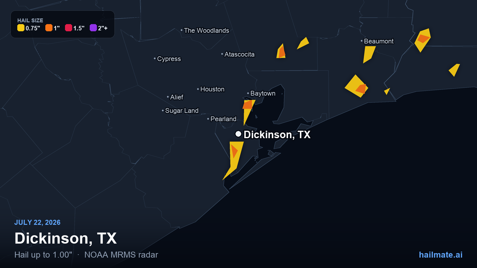 Hail swath map for Dickinson, TX on July 22, 2026 showing 1.00 inch hail.