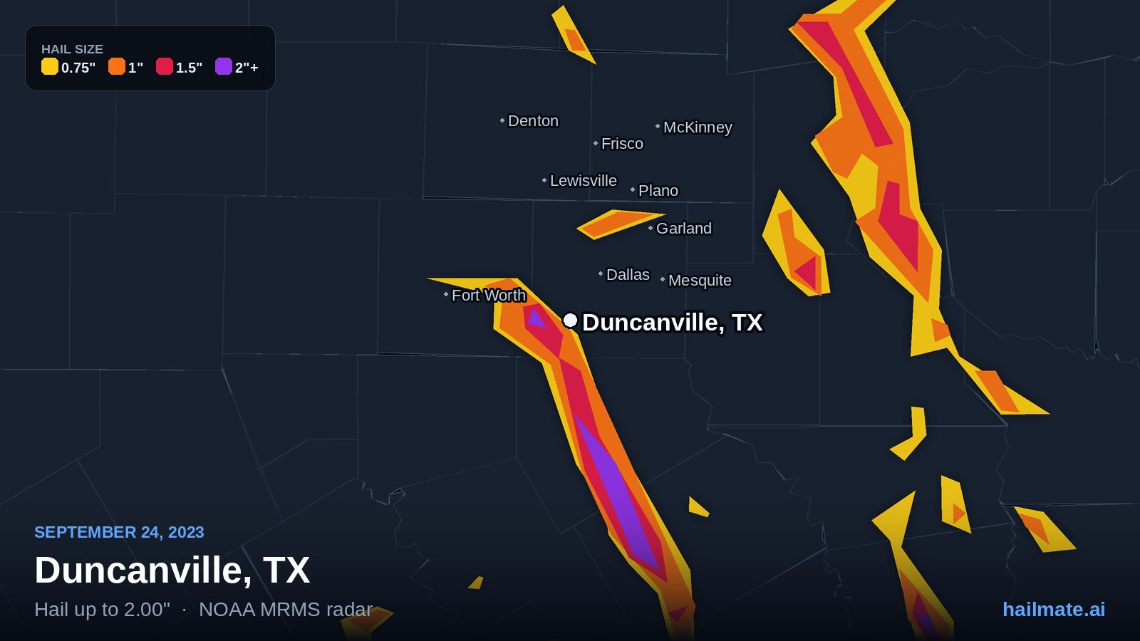 Hail swath map for Duncanville, TX on September 24, 2023 showing 2.00 inch hail.