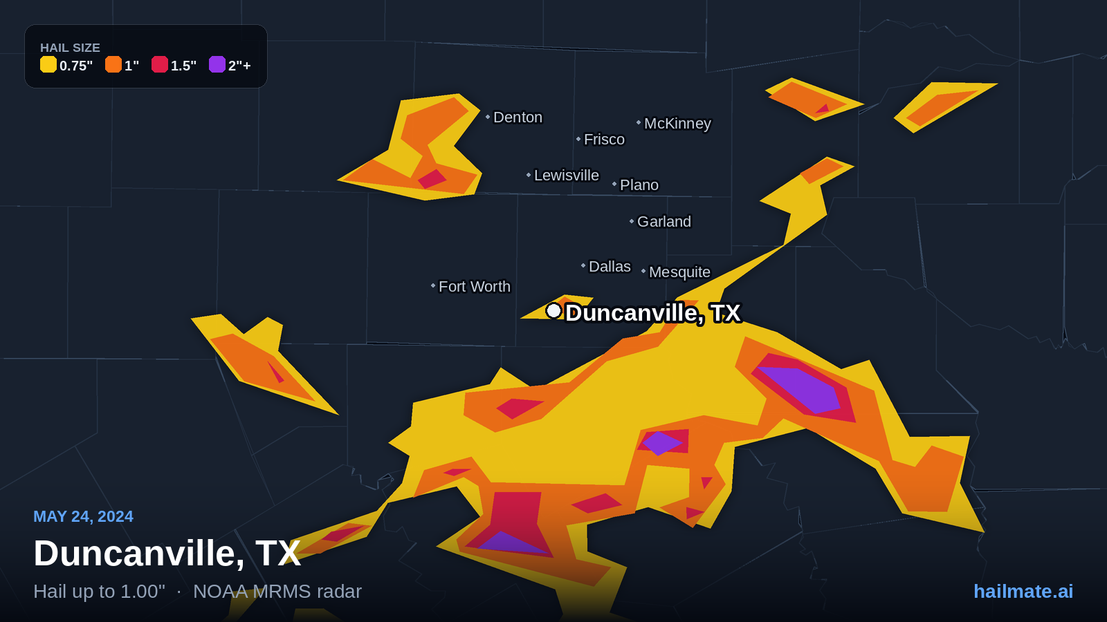 Hail swath map for Duncanville, TX on May 24, 2024 showing 1.00 inch hail.