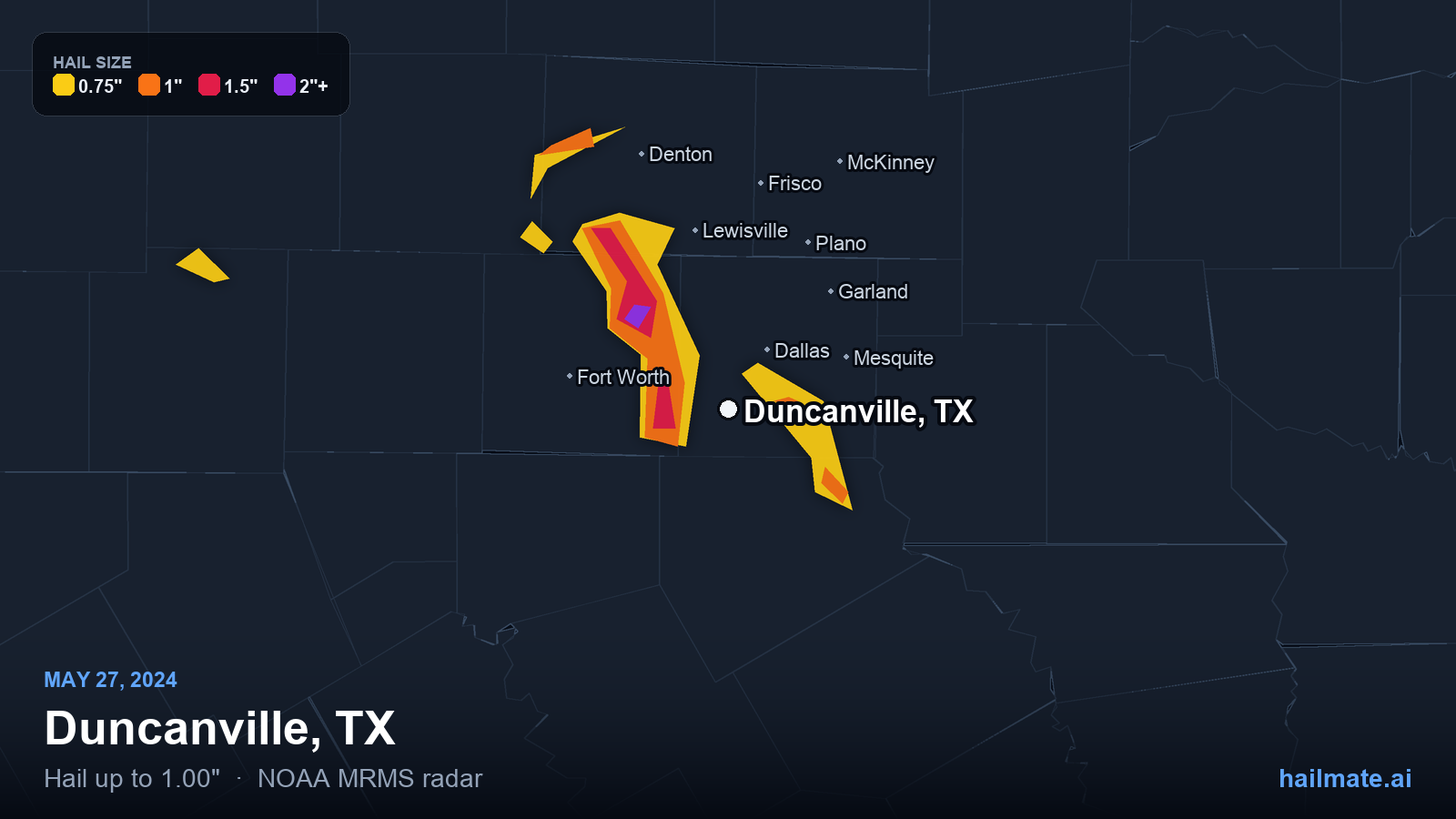 Hail swath map for Duncanville, TX on May 27, 2024 showing 1.00 inch hail.