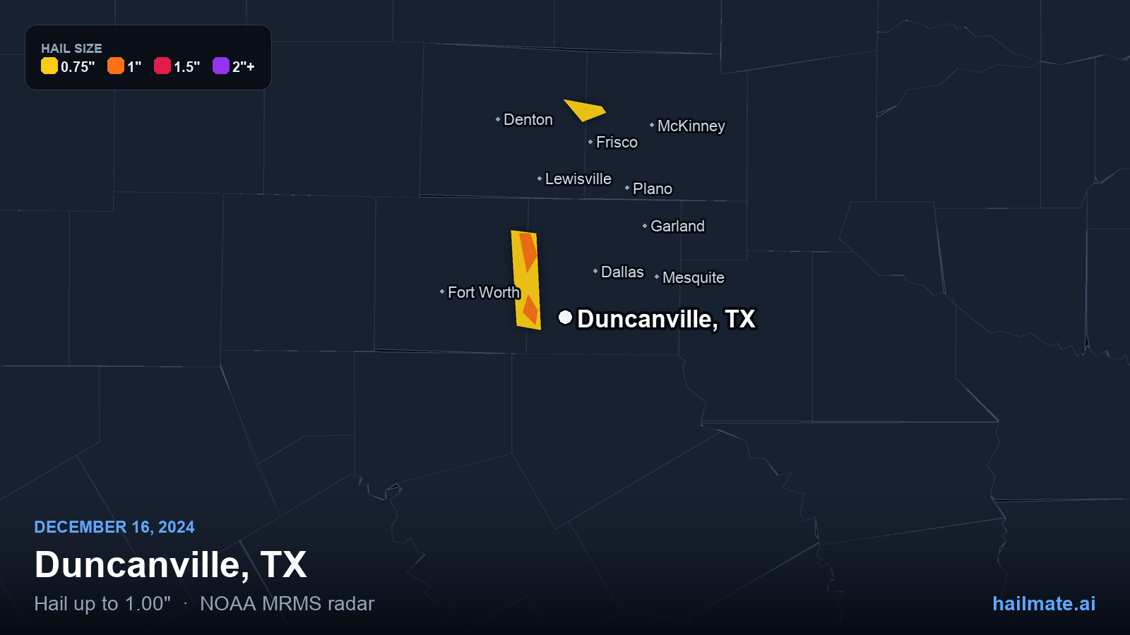 Hail swath map for Duncanville, TX on December 16, 2024 showing 1.00 inch hail.