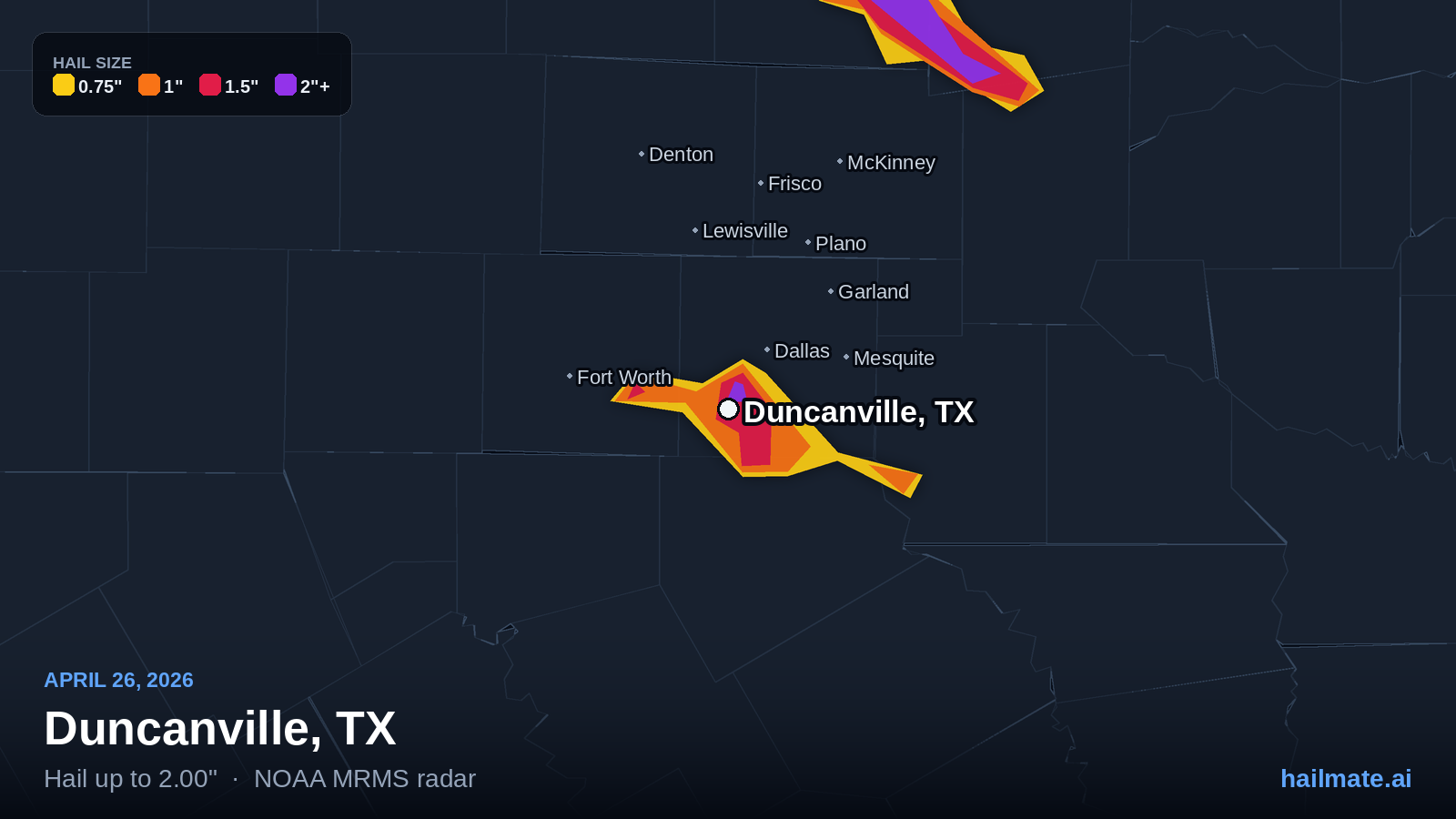 Hail swath map for Duncanville, TX on April 26, 2026 showing 2.00 inch hail.