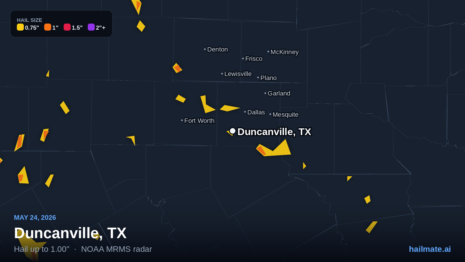 Hail swath map for Duncanville, TX on May 24, 2026 showing 1.00 inch hail.