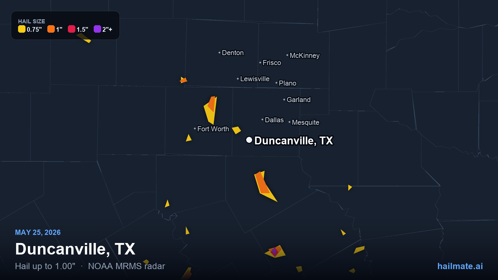 Hail swath map for Duncanville, TX on May 25, 2026 showing 1.00 inch hail.