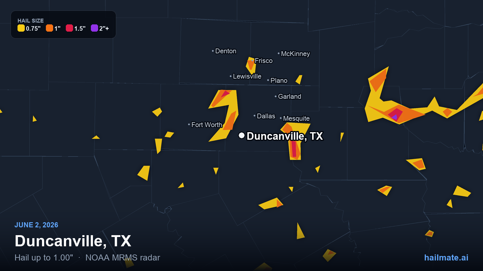 Hail swath map for Duncanville, TX on June 2, 2026 showing 1.00 inch hail.