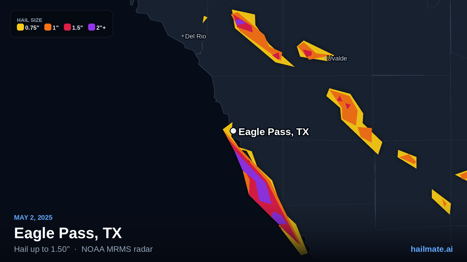 Hail swath map for Eagle Pass, TX on May 2, 2025 showing 1.50 inch hail.