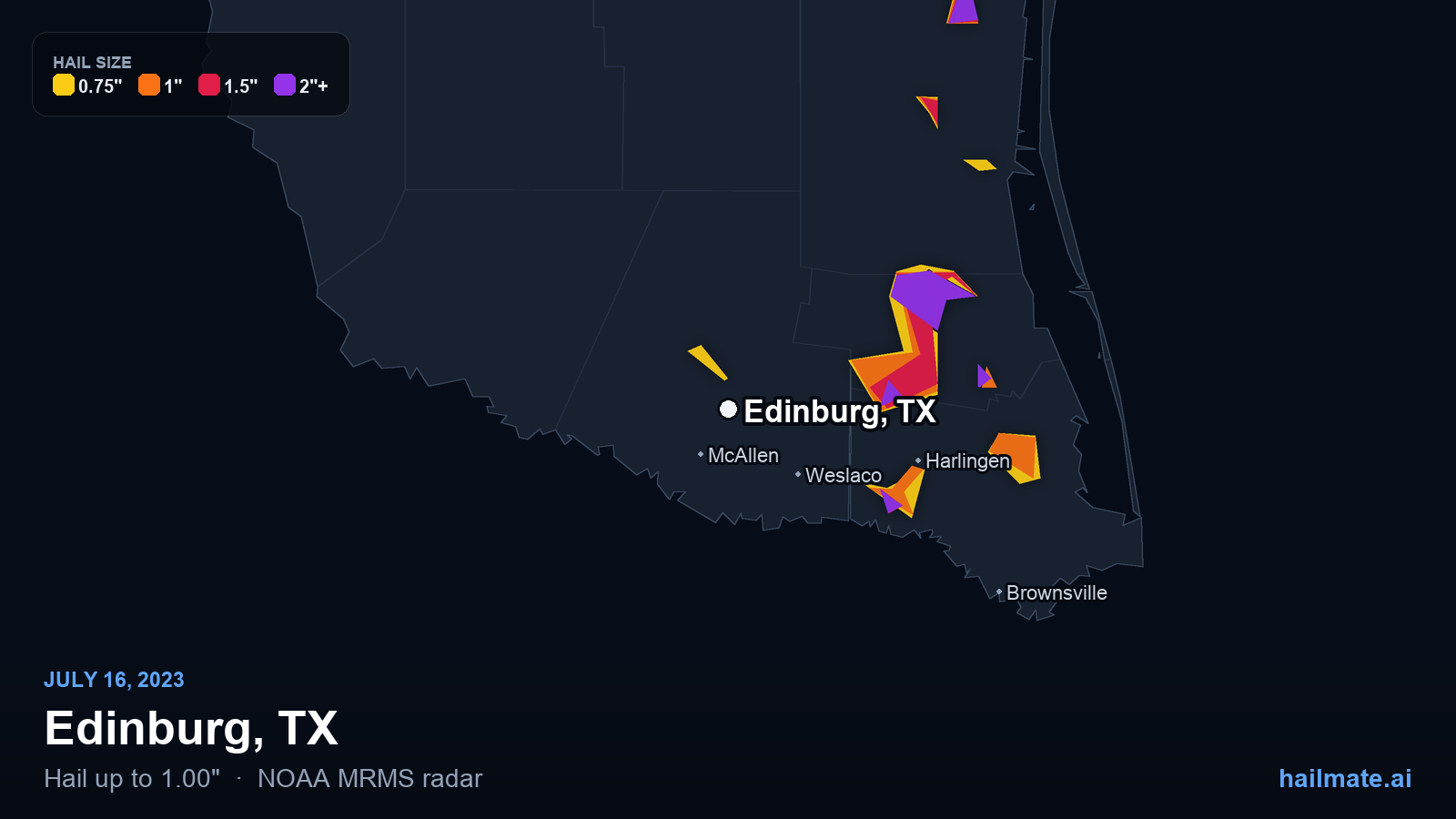 Hail swath map for Edinburg, TX on July 16, 2023 showing 1.00 inch hail.