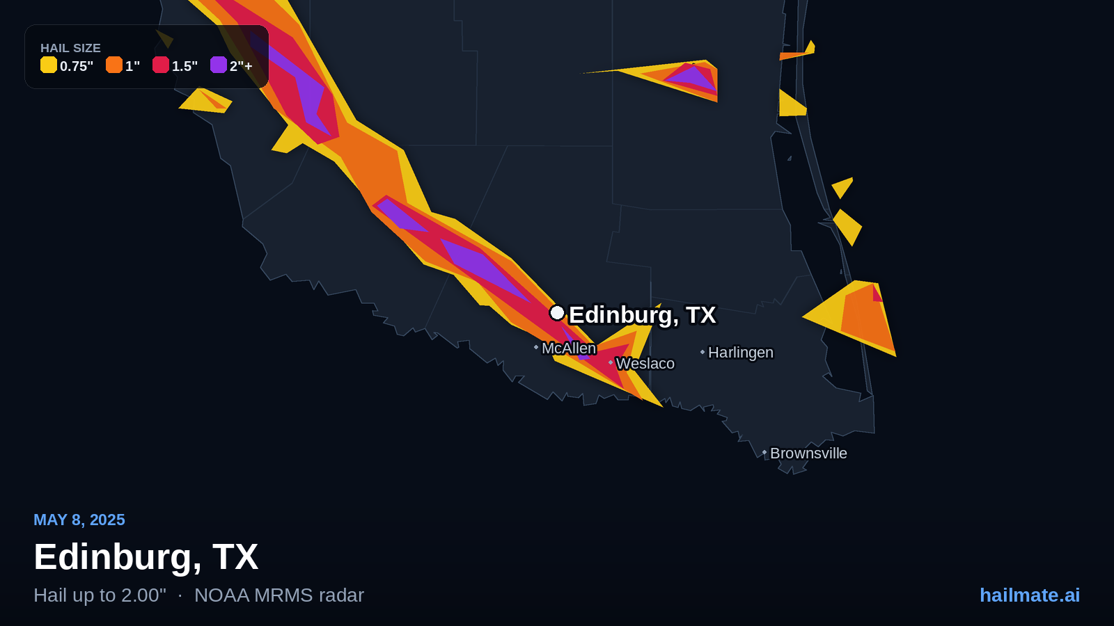 Hail swath map for Edinburg, TX on May 8, 2025 showing 2.00 inch hail.