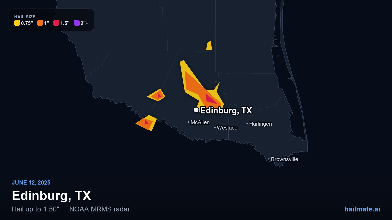 Hail swath map for Edinburg, TX on June 12, 2025 showing 1.50 inch hail.