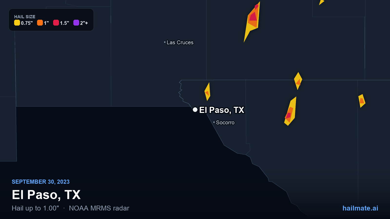 Hail swath map for El Paso, TX on September 30, 2023 showing 1.00 inch hail.