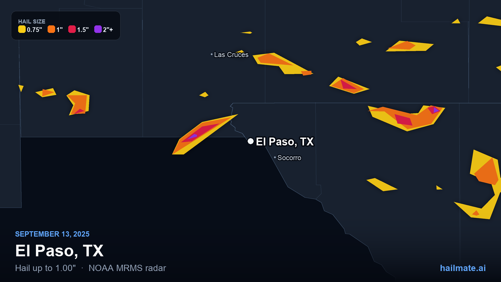 Hail swath map for El Paso, TX on September 13, 2025 showing 1.00 inch hail.
