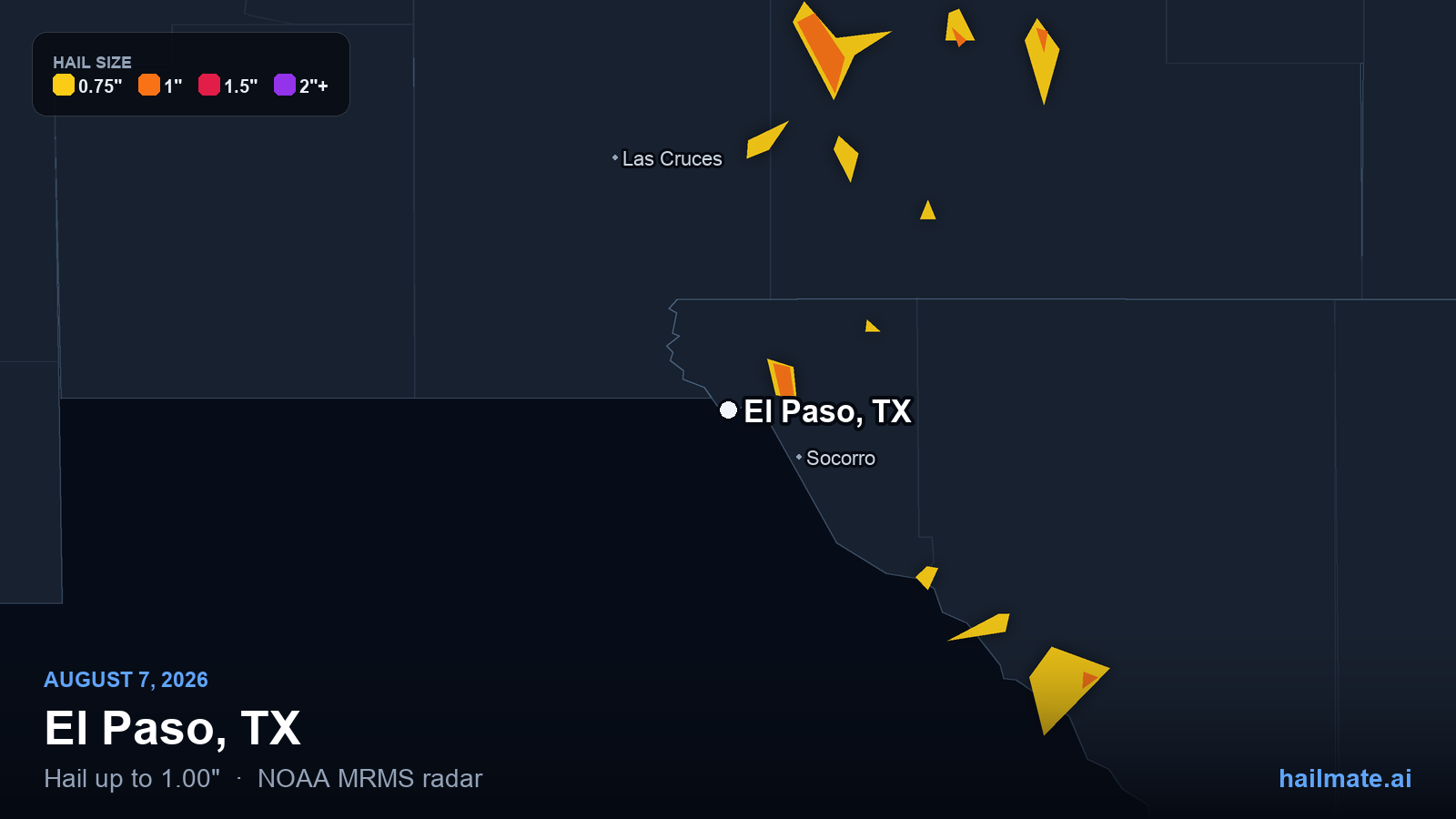 Hail swath map for El Paso, TX on August 7, 2026 showing 1.00 inch hail.