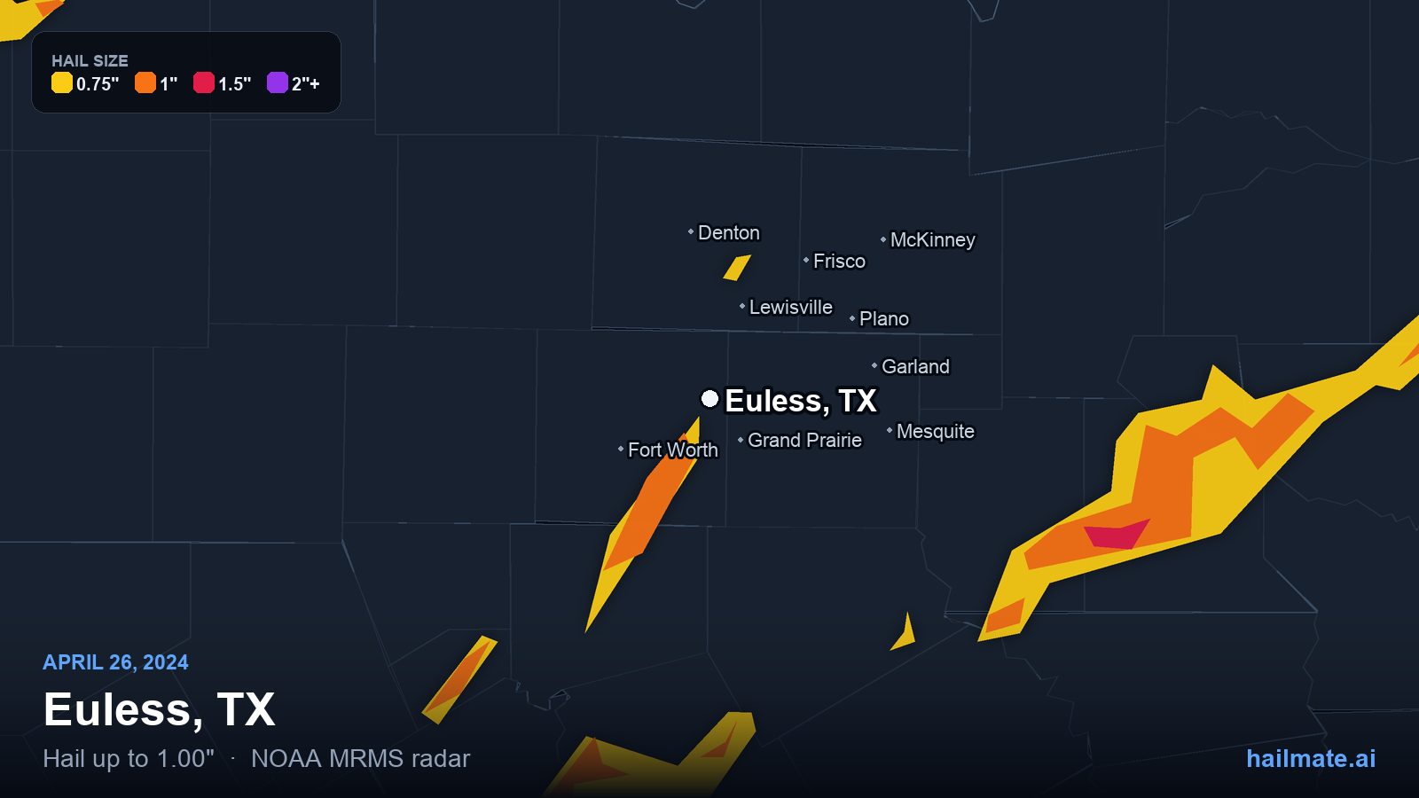 Hail swath map for Euless, TX on April 26, 2024 showing 1.00 inch hail.