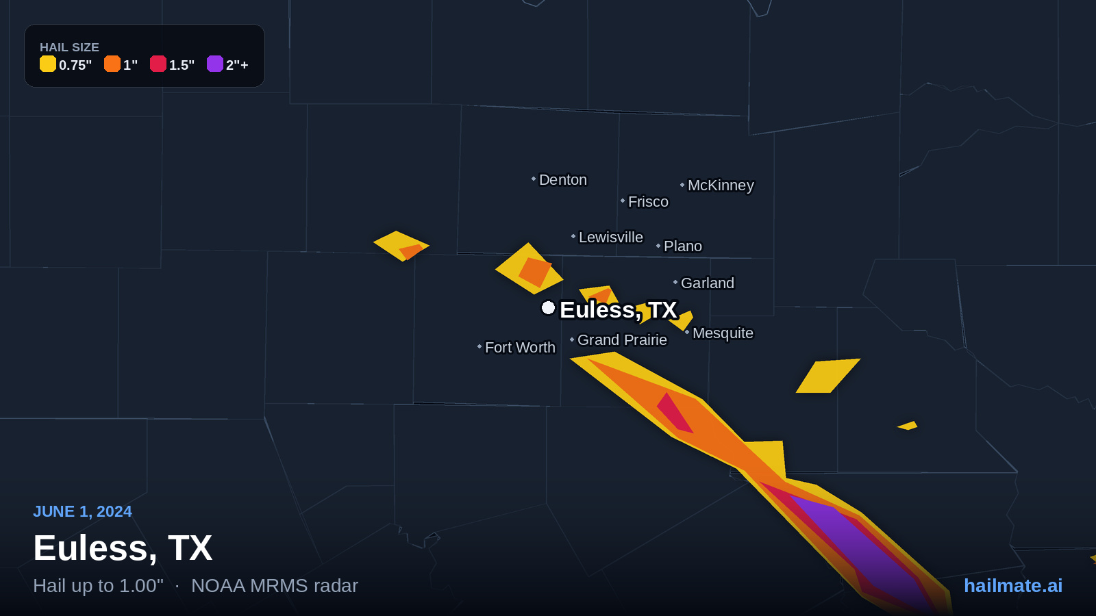 Hail swath map for Euless, TX on June 1, 2024 showing 1.00 inch hail.