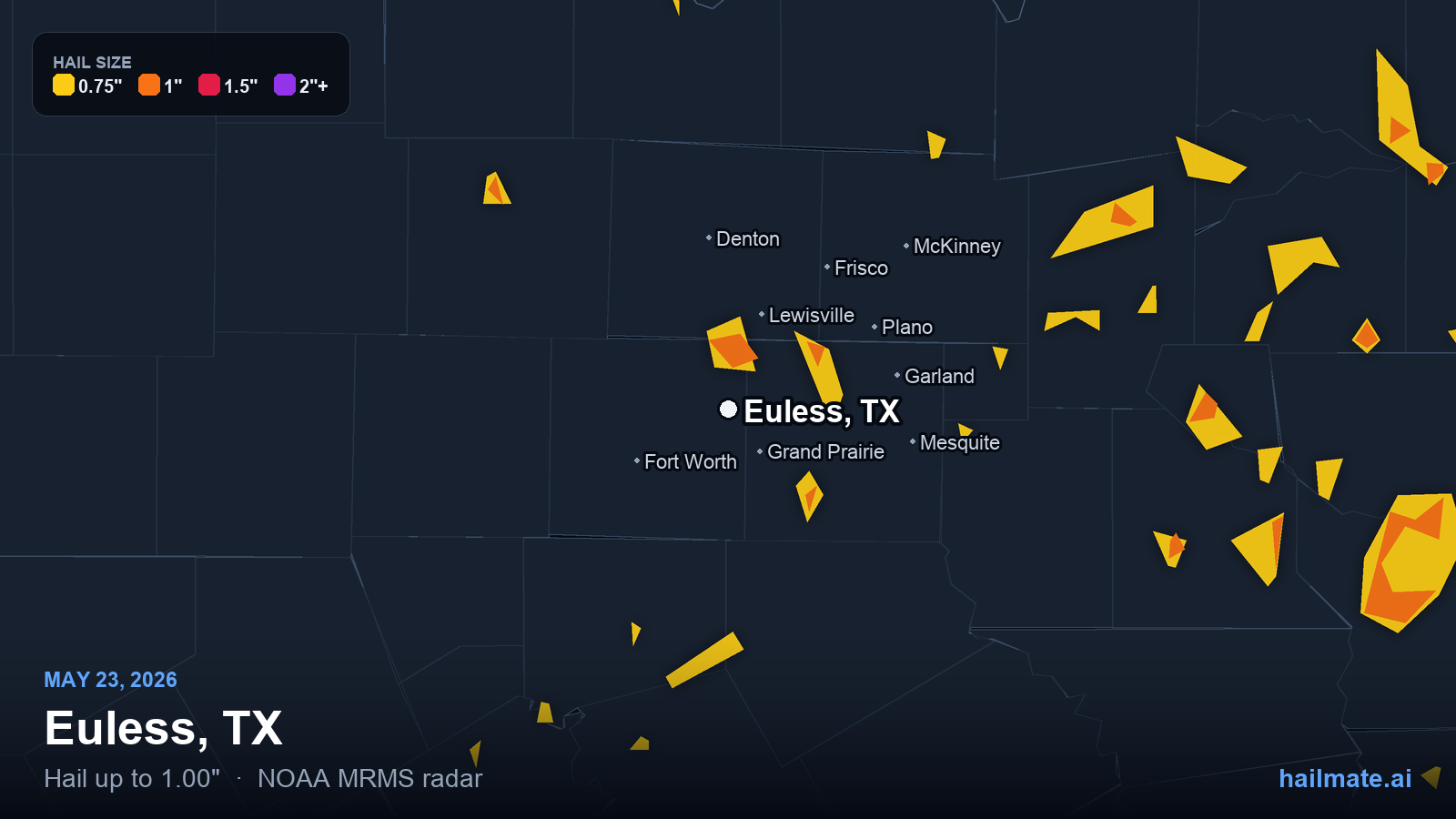 Hail swath map for Euless, TX on May 23, 2026 showing 1.00 inch hail.