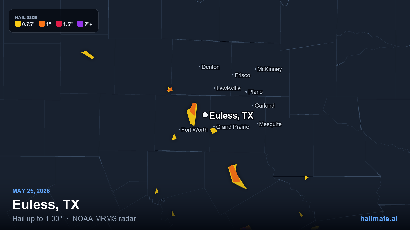 Hail swath map for Euless, TX on May 25, 2026 showing 1.00 inch hail.