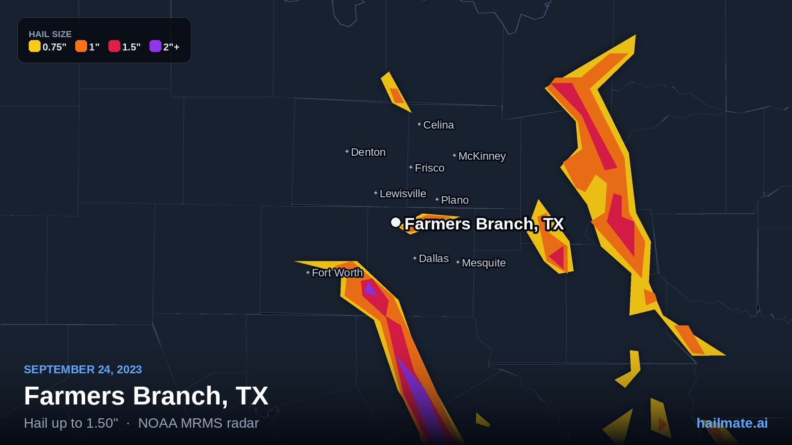 Hail swath map for Farmers Branch, TX on September 24, 2023 showing 1.50 inch hail.