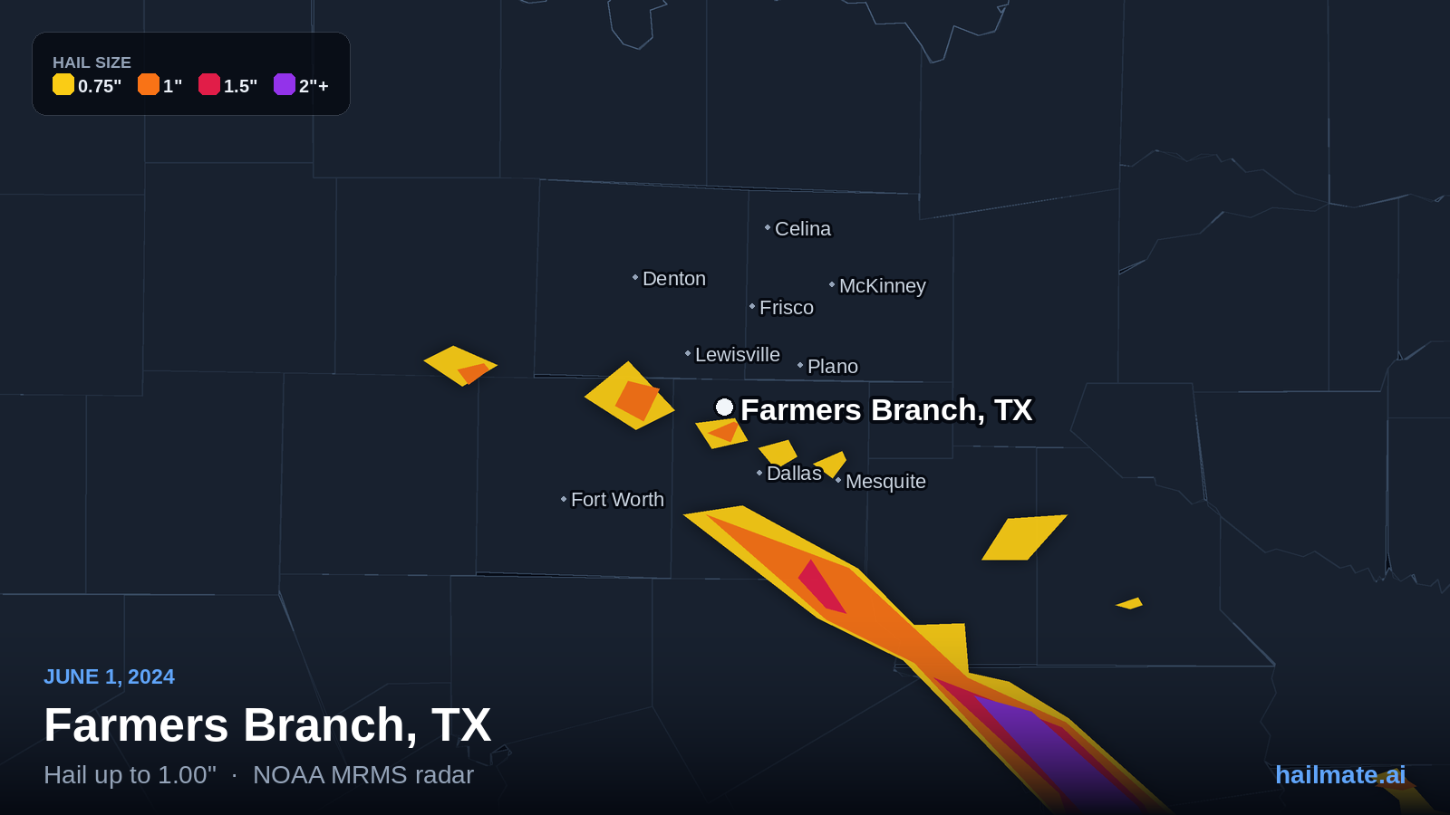 Hail swath map for Farmers Branch, TX on June 1, 2024 showing 1.00 inch hail.