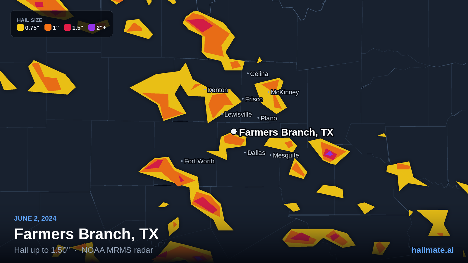 Hail swath map for Farmers Branch, TX on June 2, 2024 showing 1.50 inch hail.